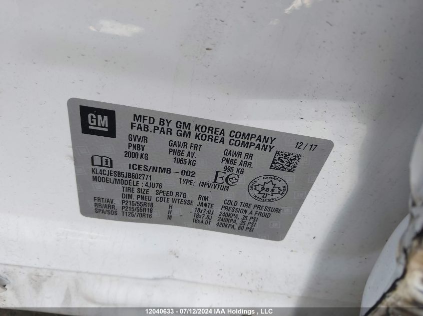 2018 Buick Encore VIN: KL4CJESB5JB602771 Lot: 12040633