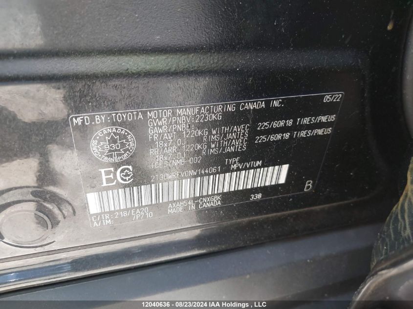 2022 Toyota Rav4 VIN: 2T3DWRFV0NW144061 Lot: 12040636