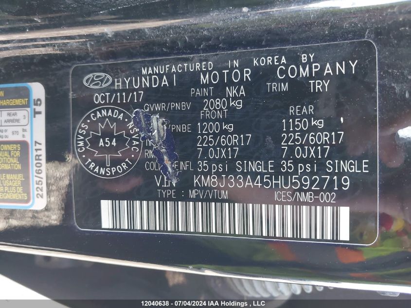 2017 Hyundai Tucson Premium VIN: KM8J33A45HU592719 Lot: 12040638