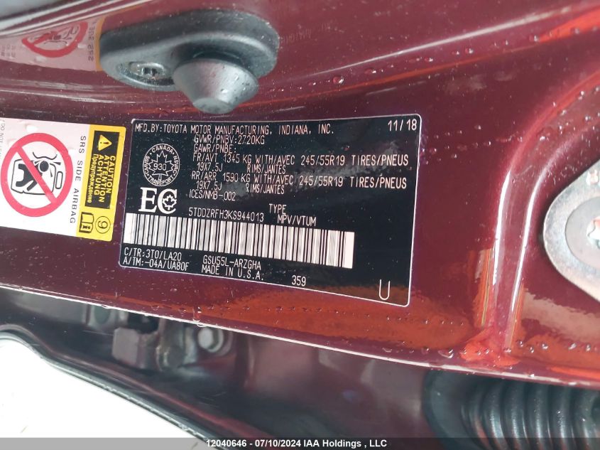 2019 Toyota Highlander VIN: 5TDDZRFH3KS944013 Lot: 12040646