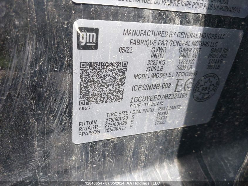 2021 Chevrolet Silverado 1500 VIN: 1GCUYEED7MZ321165 Lot: 12040654