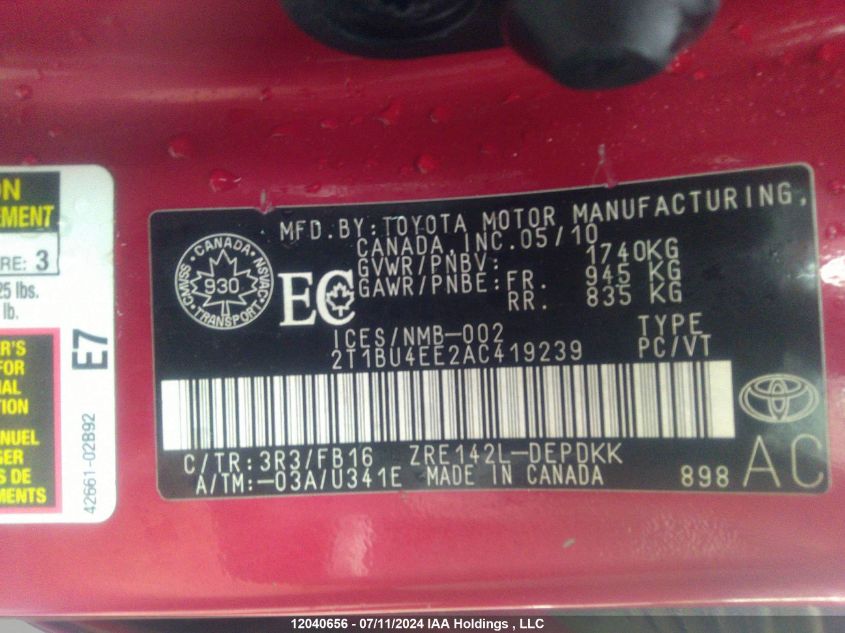 2010 Toyota Corolla VIN: 2T1BU4EE2AC419239 Lot: 12040656