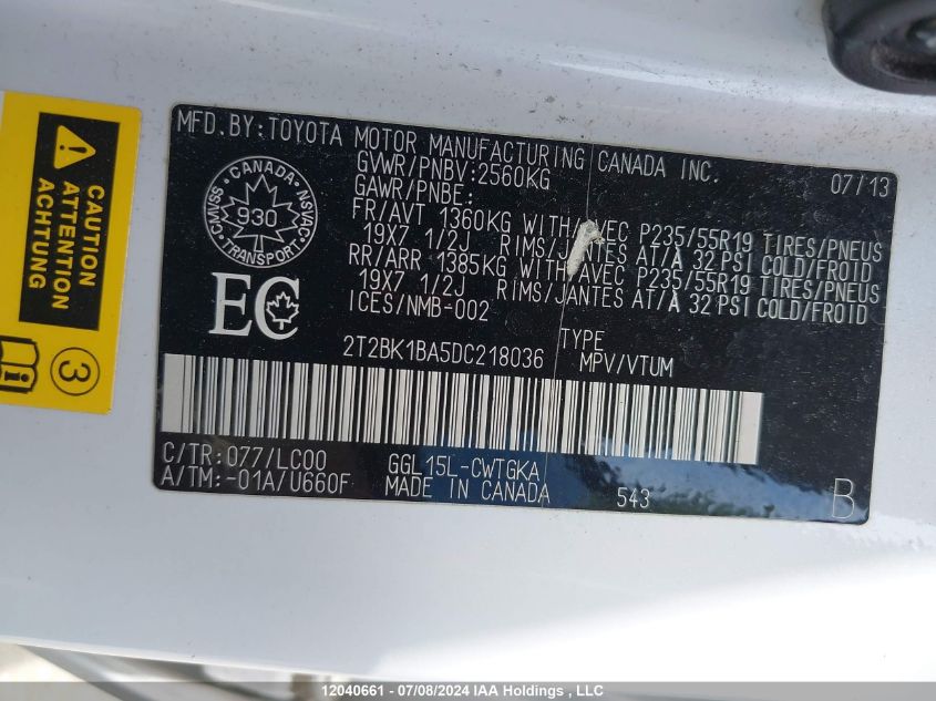 2013 Lexus Rx 350 F Sport VIN: 2T2BK1BA5DC218036 Lot: 12040661