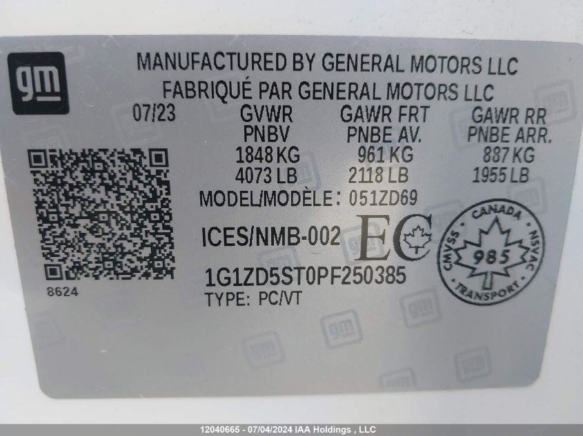 2023 Chevrolet Malibu Lt VIN: 1G1ZD5ST0PF250385 Lot: 12040665