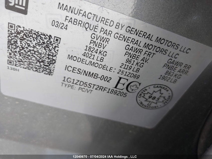 2024 Chevrolet Malibu Lt VIN: 1G1ZD5ST2RF189205 Lot: 12040670