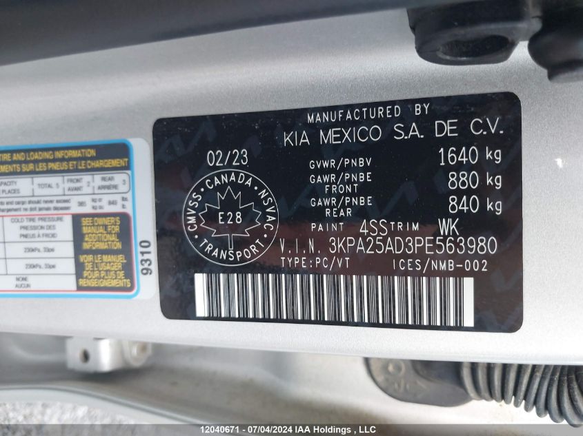 2023 Kia Rio 5-Door VIN: 3KPA25AD3PE563980 Lot: 12040671