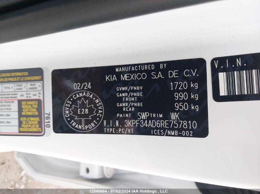 2024 Kia Forte Ex/Ex+/Ex Premium VIN: 3KPF34AD6RE757810 Lot: 12040684