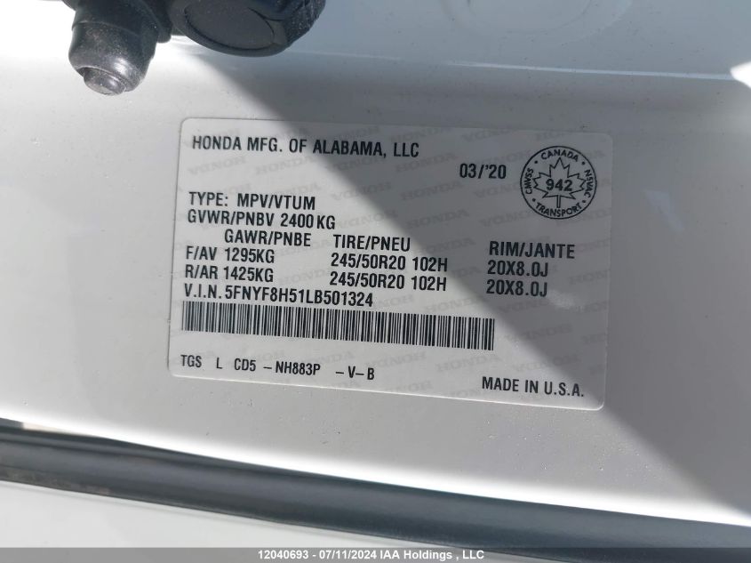2020 Honda Passport VIN: 5FNYF8H51LB501324 Lot: 12040693
