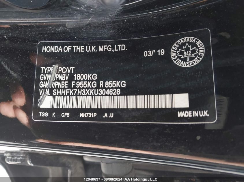 2019 Honda Civic VIN: SHHFK7H3XKU304628 Lot: 12040697