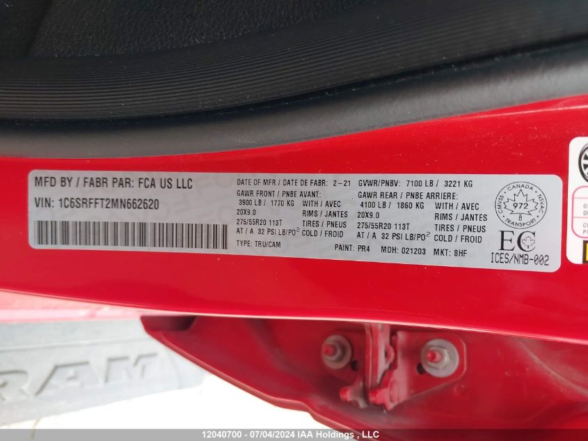 2021 Ram 1500 Big Horn/Lone Star VIN: 1C6SRFFT2MN662620 Lot: 12040700