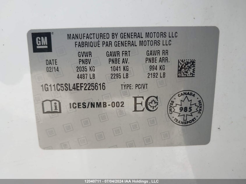 2014 Chevrolet Malibu VIN: 1G11C5SL4EF225616 Lot: 12040711
