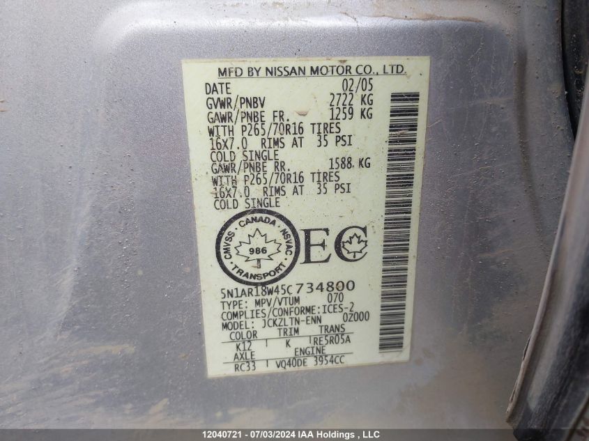 2005 Nissan Pathfinder Le/Se/Xe VIN: 5N1AR18W45C734800 Lot: 12040721