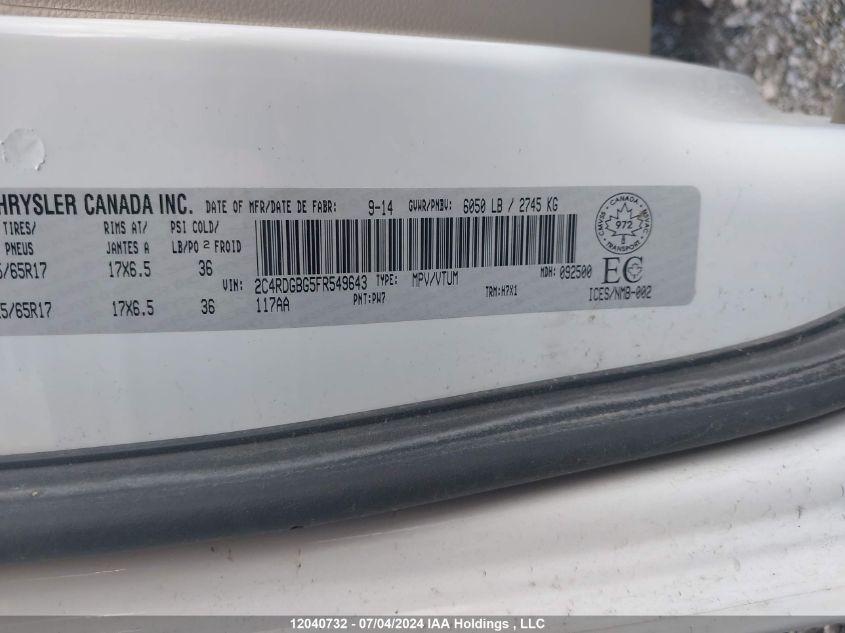 2015 Dodge Grand Caravan Se/Sxt VIN: 2C4RDGBG5FR549643 Lot: 12040732