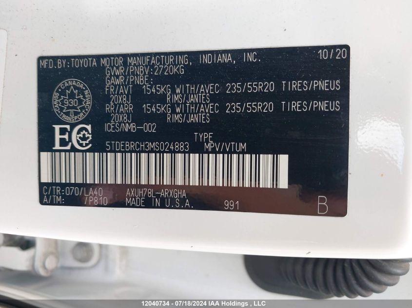 2021 Toyota Highlander Hybrid Hybrid VIN: 5TDEBRCH3MS024883 Lot: 12040734