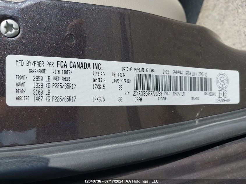 2015 Dodge Grand Caravan Se/Sxt VIN: 2C4RDGBG4FR701783 Lot: 12040736