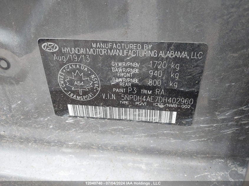 2013 Hyundai Elantra VIN: 5NPDH4AE7DH402960 Lot: 12040740
