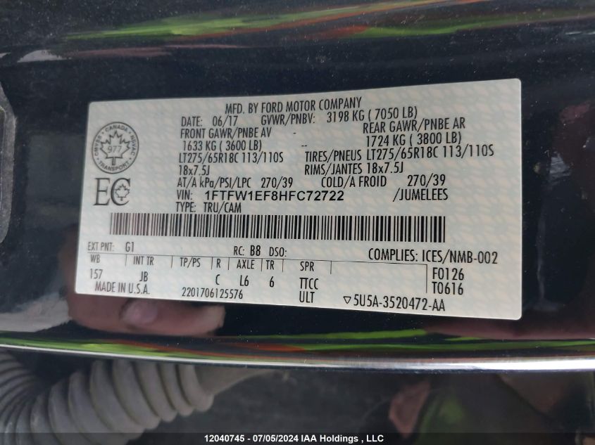 2017 Ford F-150 Xlt VIN: 1FTFW1EF8HFC72722 Lot: 12040745