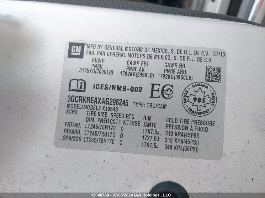 2010 Chevrolet Silverado K1500 Ls VIN: 3GCRKREAXAG296245 Lot: 12040780