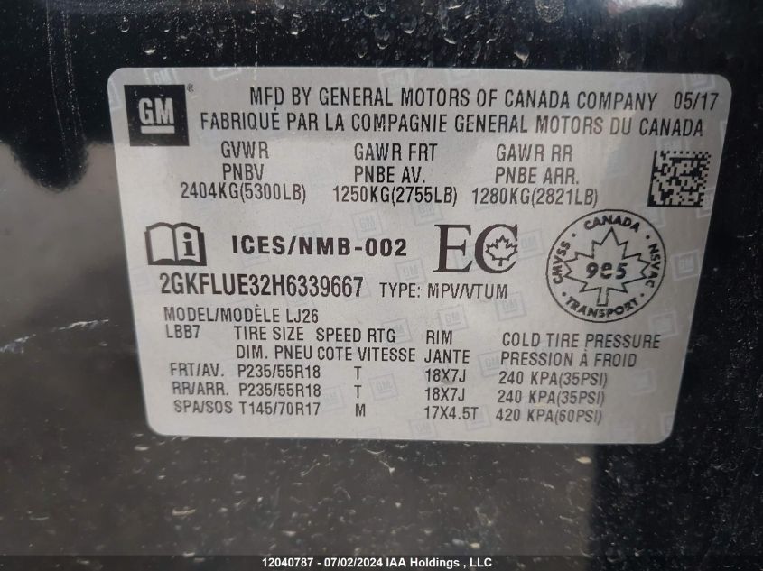 2017 GMC Terrain VIN: 2GKFLUE32H6339667 Lot: 12040787