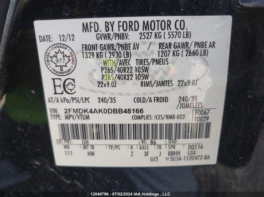 2013 Ford Edge Sport VIN: 2FMDK4AK0DBB48166 Lot: 12040796