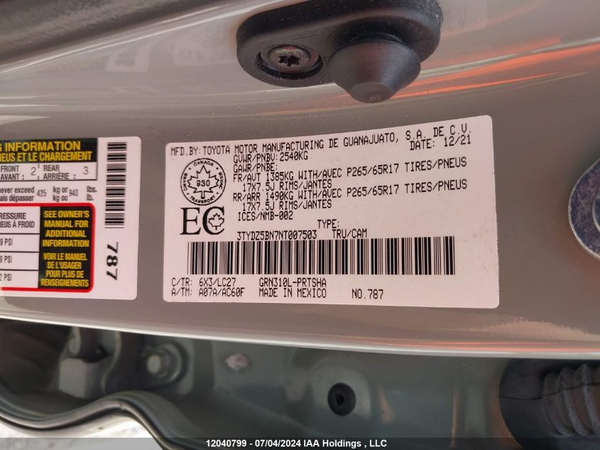 2022 Toyota Tacoma VIN: 3TYDZ5BN7NT007503 Lot: 12040799