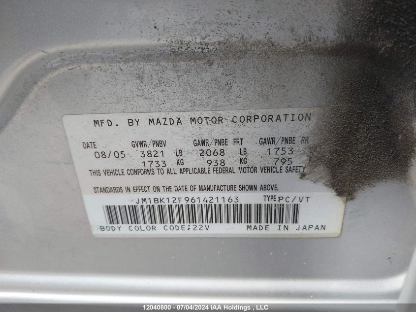 2006 Mazda Mazda3 VIN: JM1BK12F961421163 Lot: 12040800