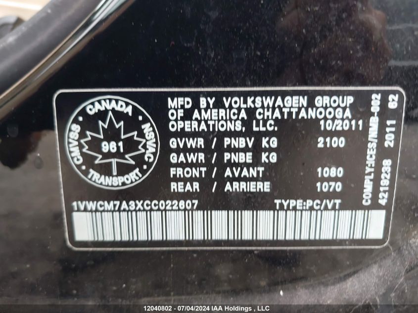 2012 Volkswagen Passat VIN: 1VWCM7A3XCC022607 Lot: 12040802