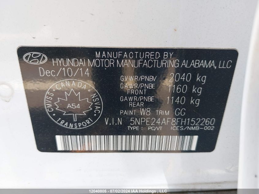 2015 Hyundai Sonata Gls VIN: 5NPE24AF8FH152260 Lot: 12040805