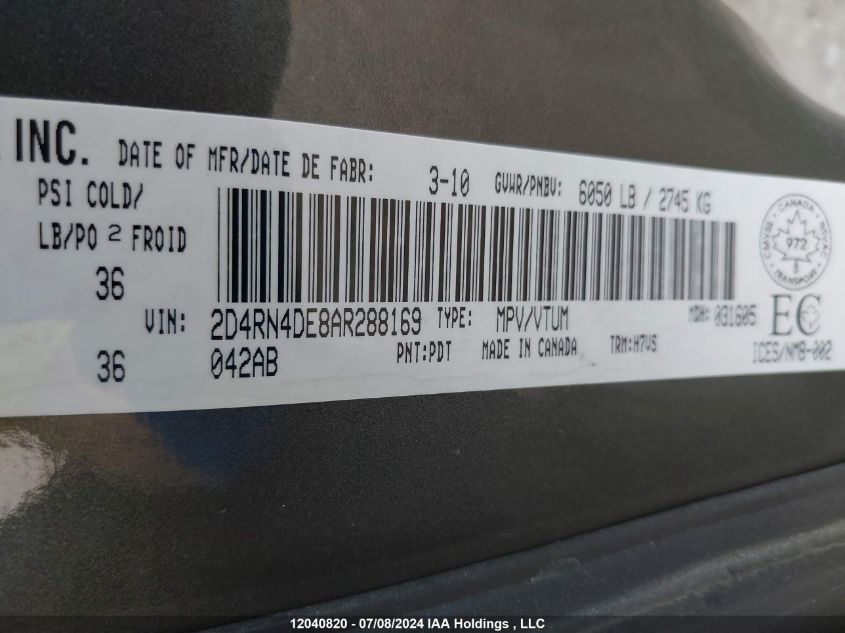 2010 Dodge Grand Caravan VIN: 2D4RN4DE8AR288169 Lot: 12040820