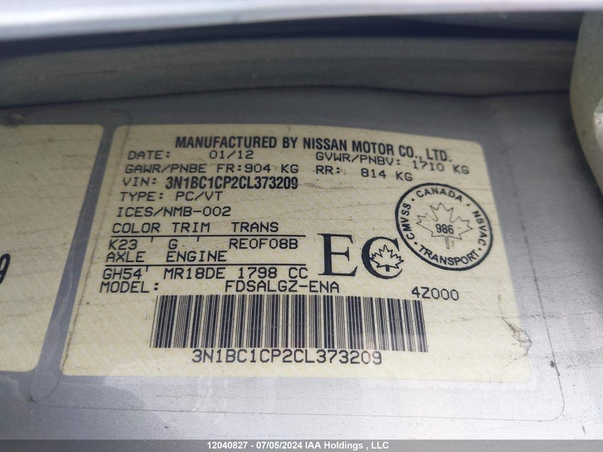 2012 Nissan Versa 1.8 Sl VIN: 3N1BC1CP2CL373209 Lot: 12040827