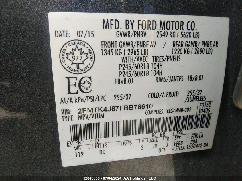 2015 Ford Edge Sel VIN: 2FMTK4J87FBB78610 Lot: 12040830