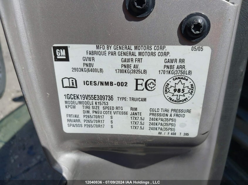 2005 Chevrolet Silverado K1500 VIN: 1GCEK19V55E309736 Lot: 12040836