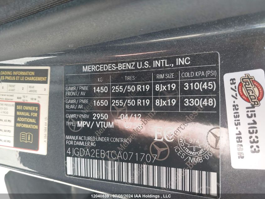 2012 Mercedes-Benz Ml 350 Bluetec VIN: 4JGDA2EB1CA071707 Lot: 12040839