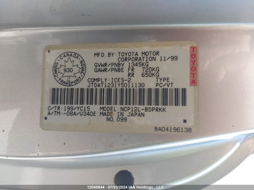 2000 Toyota Echo VIN: JTDAT1231Y5011130 Lot: 12040844