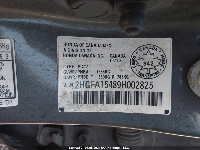 2009 Honda Civic Sdn VIN: 2HGFA15489H002825 Lot: 12040850