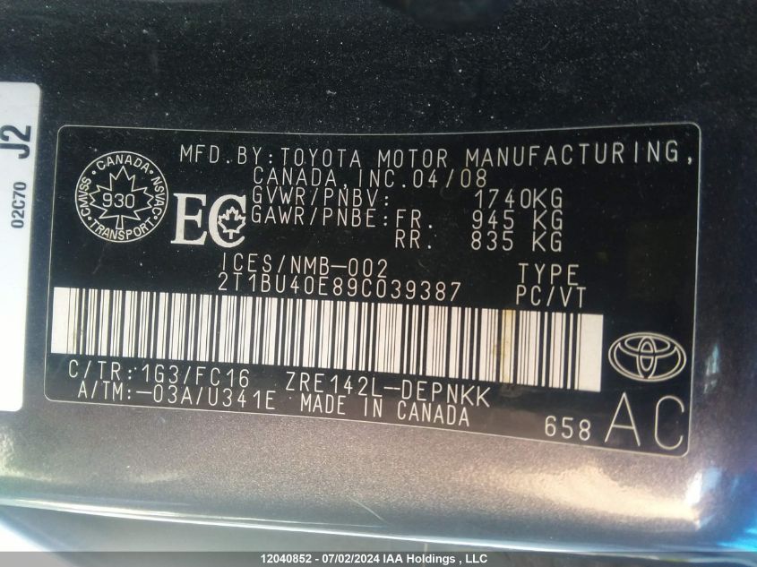 2009 Toyota Corolla S/Le/Xle VIN: 2T1BU40E89C039387 Lot: 12040852