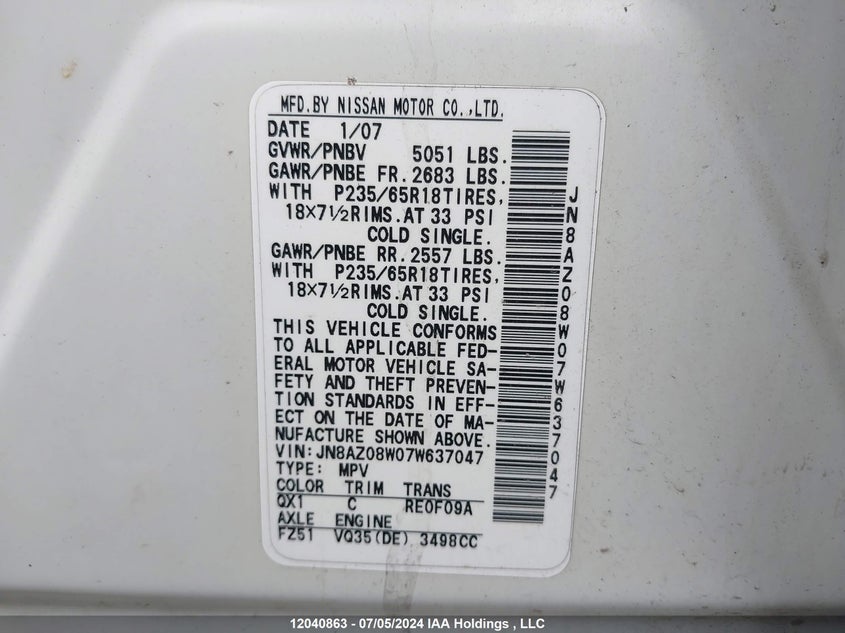 2007 Nissan Murano Sl/Se/S VIN: JN8AZ08W07W637047 Lot: 12040863