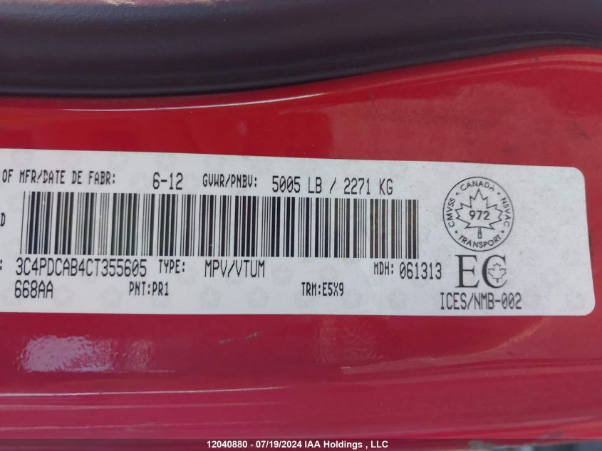 2012 Dodge Journey VIN: 3C4PDCAB4CT355605 Lot: 12040880