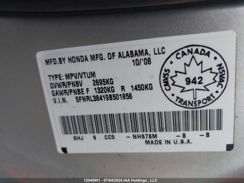 2009 Honda Odyssey VIN: 5FNRL38419B501856 Lot: 12040901