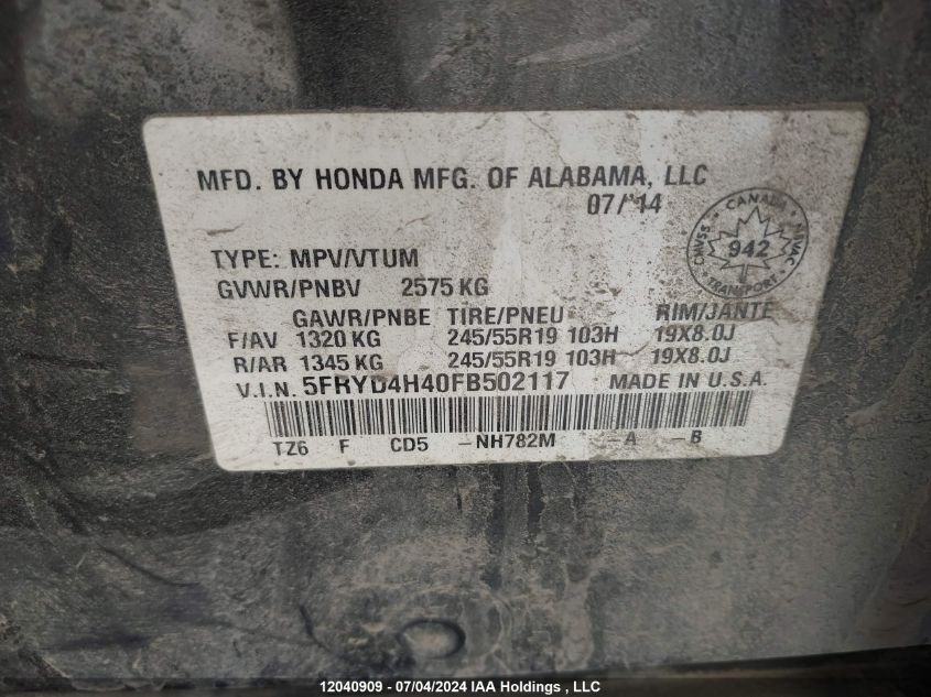 2015 Acura Mdx Technology VIN: 5FRYD4H40FB502117 Lot: 12040909