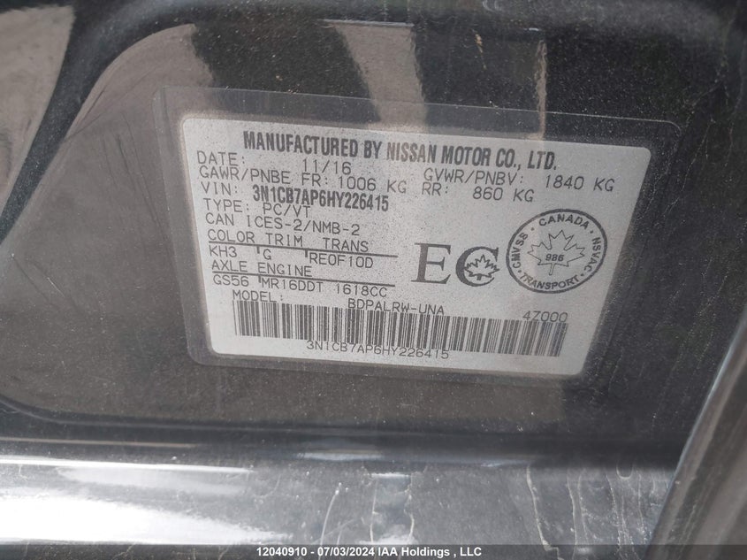 2017 Nissan Sentra VIN: 3N1CB7AP6HY226415 Lot: 12040910