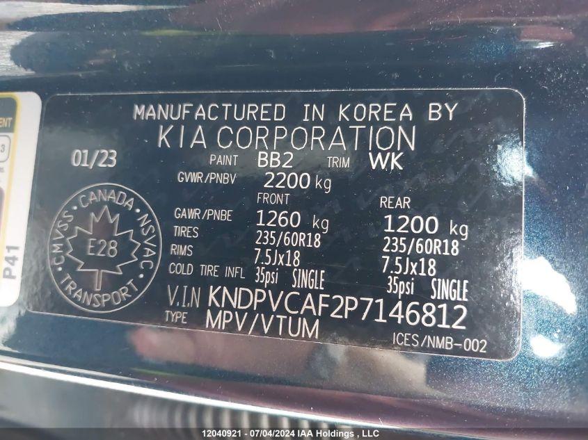 2023 Kia Sportage Ex VIN: KNDPVCAF2P7146812 Lot: 12040921