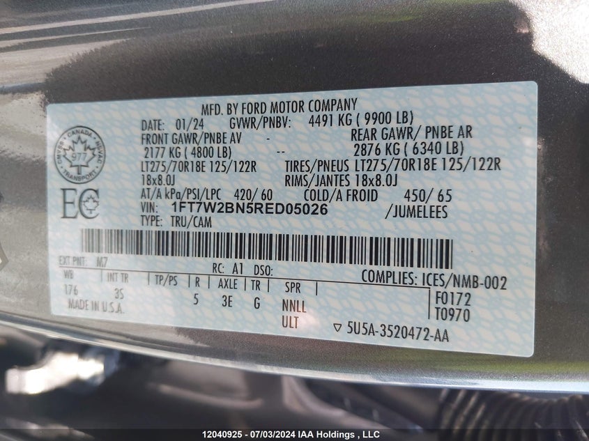 2024 Ford F-250 Xlt VIN: 1FT7W2BN5RED05026 Lot: 12040925