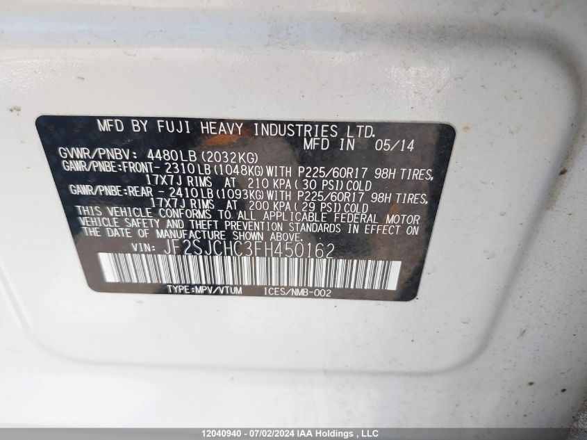 2015 Subaru Forester VIN: JF2SJCHC3FH450162 Lot: 12040940