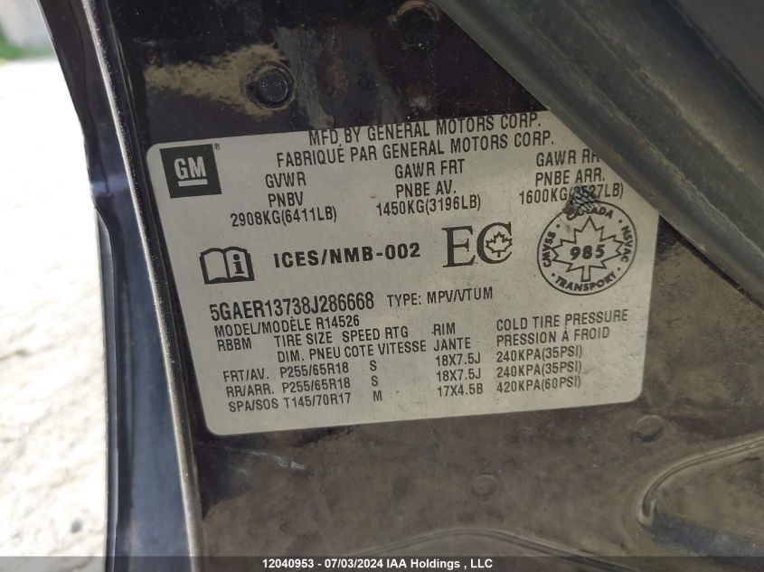 2008 Buick Enclave VIN: 5GAER13738J286668 Lot: 12040953