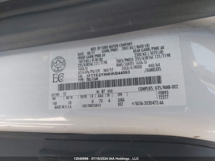2017 Ford Transit T-150 VIN: 1FTYE2YM4HKB44593 Lot: 12040996