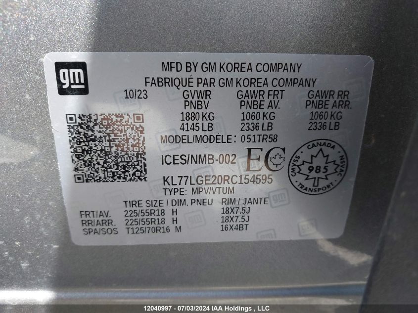 2024 Chevrolet Trax VIN: KL77LGE20RC154595 Lot: 12040997