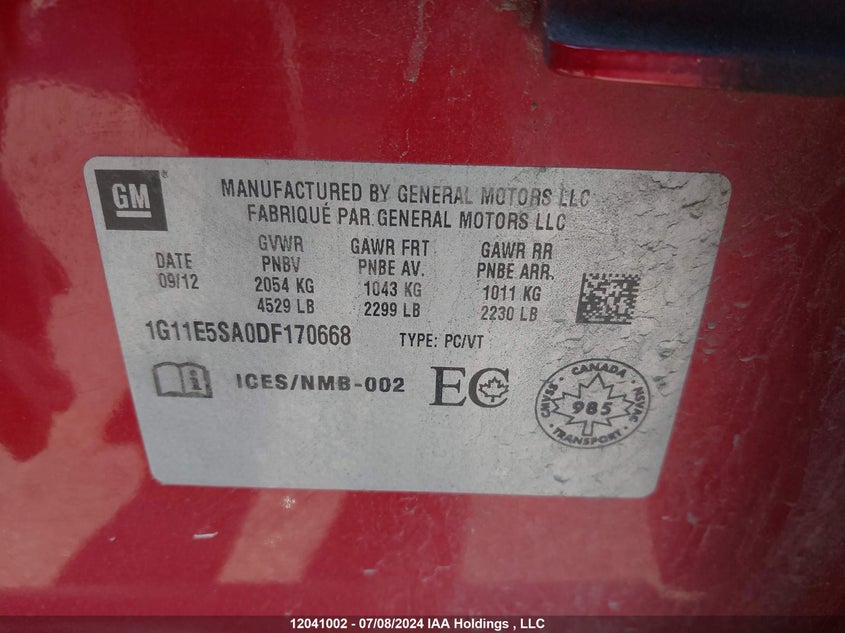 2013 Chevrolet Malibu VIN: 1G11E5SA0DF170668 Lot: 12041002