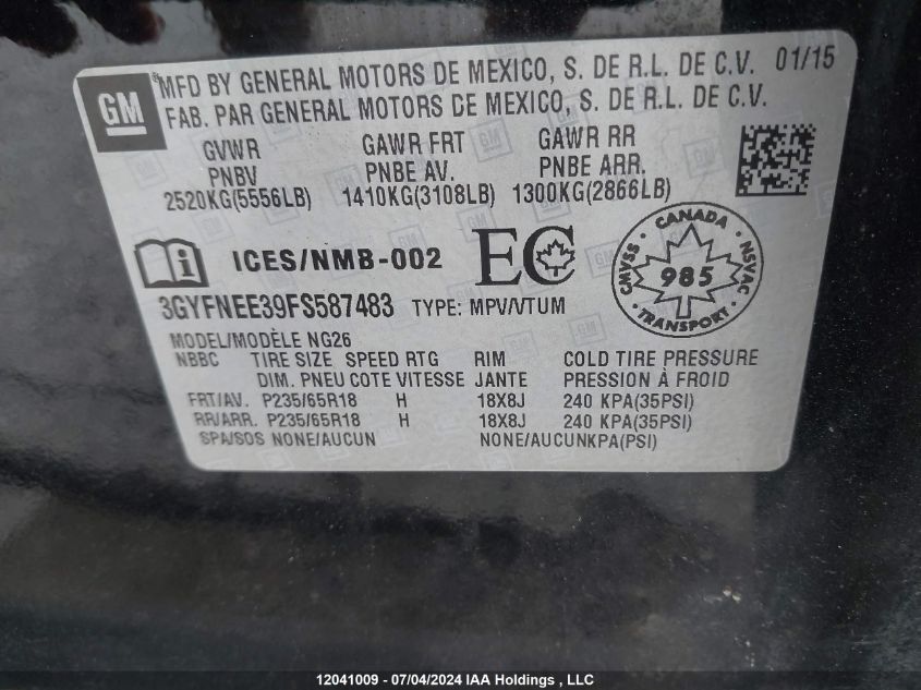 2015 Cadillac Srx VIN: 3GYFNEE39FS587483 Lot: 12041009