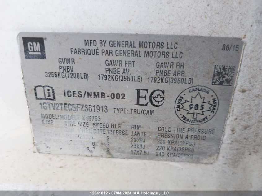 2015 GMC Sierra 1500 VIN: 1GTV2TEC5FZ361913 Lot: 12041012